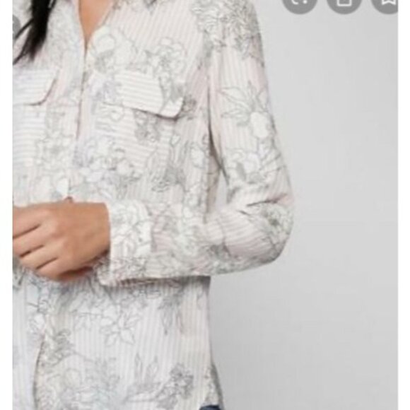 Express The City Shirt Pink White Floral Striped roll tab Long Sleeve size large - Picture 8 of 8